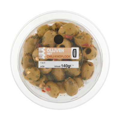 Huismerk Olijven met Chili en Knoflook