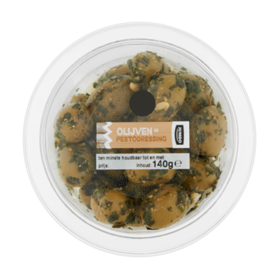 Huismerk Groene Olijven in Pestodressing