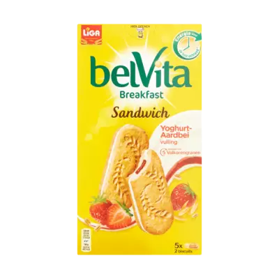 LiGa BelVita Sandwich Yoghurt Aardbei Volkoren Ontbijt Biscuit 5 x 2 Biscuits