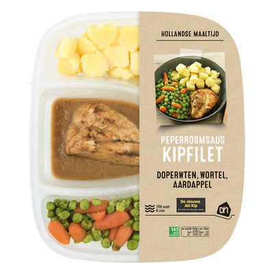Huismerk Kipfilet pepersaus met wortel en doperwt