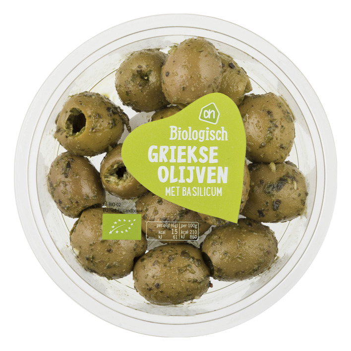 Huismerk Biologisch Griekse groene olijven met basilicum