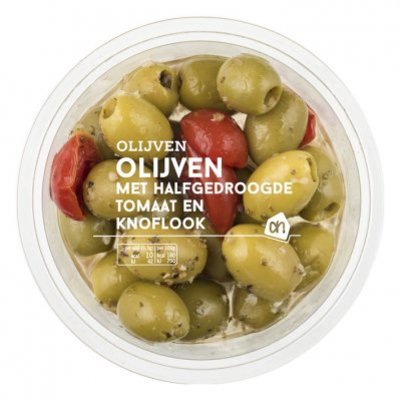 Huismerk Groene olijven met gedroogde tomaat