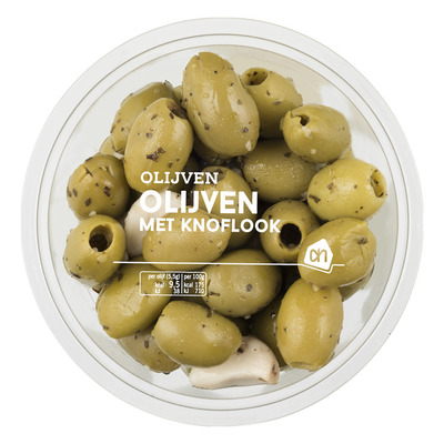 Huismerk Groene olijven met knoflook