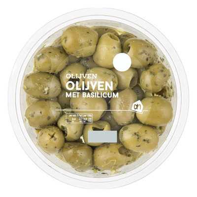 Huismerk Groene olijven met basilicum