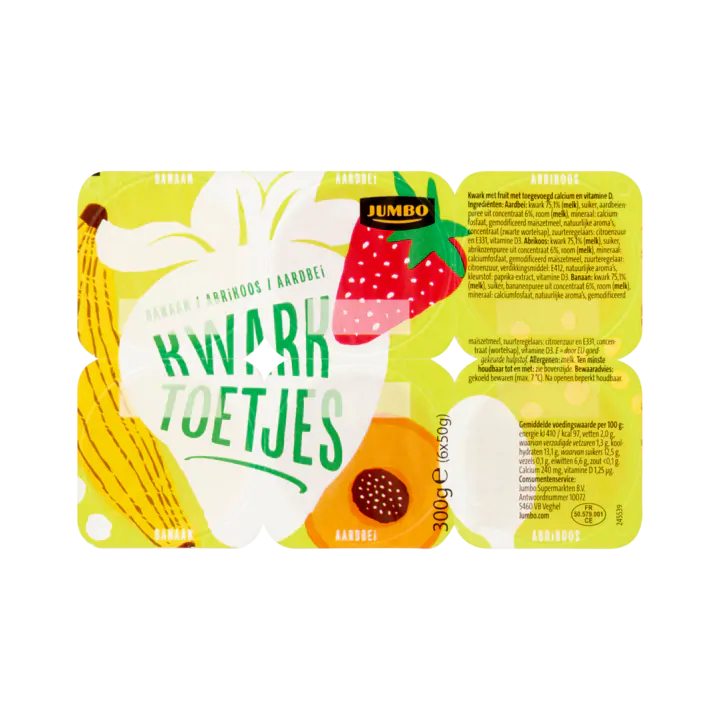 Huismerk Kwark Toetjes Banaan, Abrikoos, Aardbei