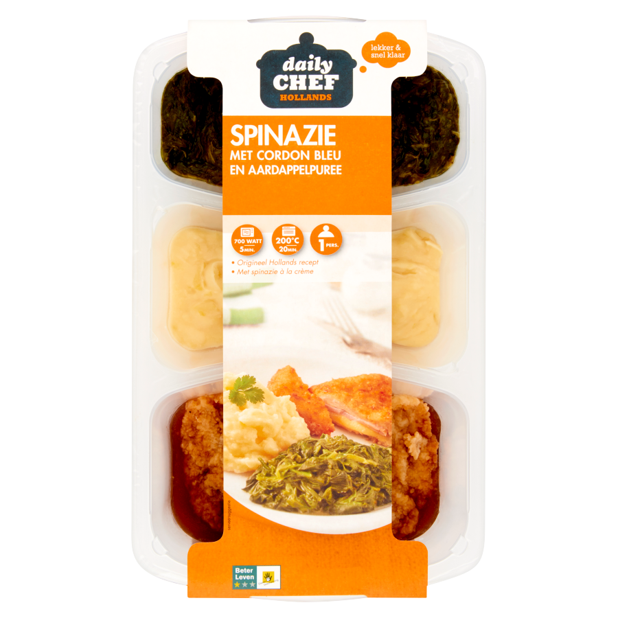Huismerk Cordon bleu met spinazie en puree