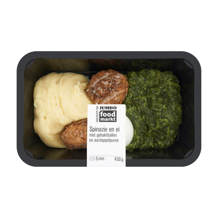 Huismerk Food Markt Spinazie en Ei met Gehaktballen en Aardappelpuree