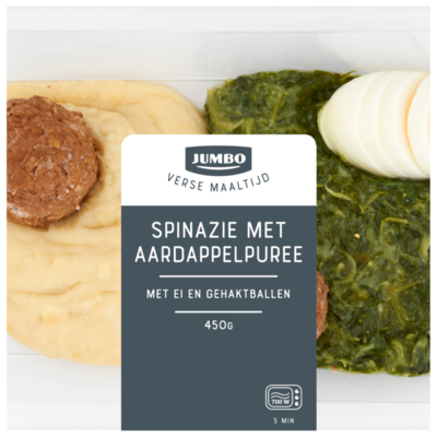 Huismerk Verse Maaltijd Spinazie, Aardappelpuree, Ei en Gehaktballen