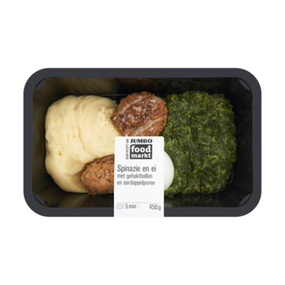Huismerk Food Markt Spinazie en Ei met Gehaktballen en Aardappelpuree