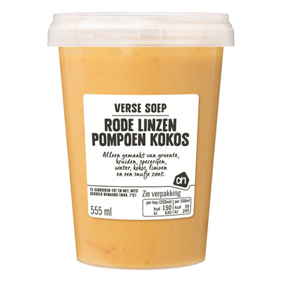 Huismerk Verse rode linzen-kokos pompoensoep