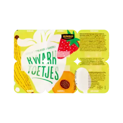 Huismerk Kwark Toetjes Banaan, Abrikoos, Aardbei