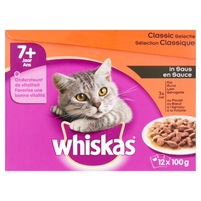 Whiskas Kattenvoer Nat Classic Selectie in Saus Senior 7+ Jaar 12 Maaltijdzakjes x 100 g