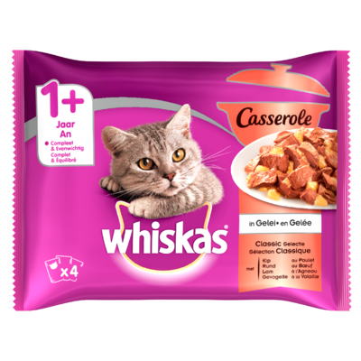 Whiskas Kattenvoer Nat Casserole Classic Selectie in Gelei 1+ Jaar 4 Maaltijdzakjes x 85 g