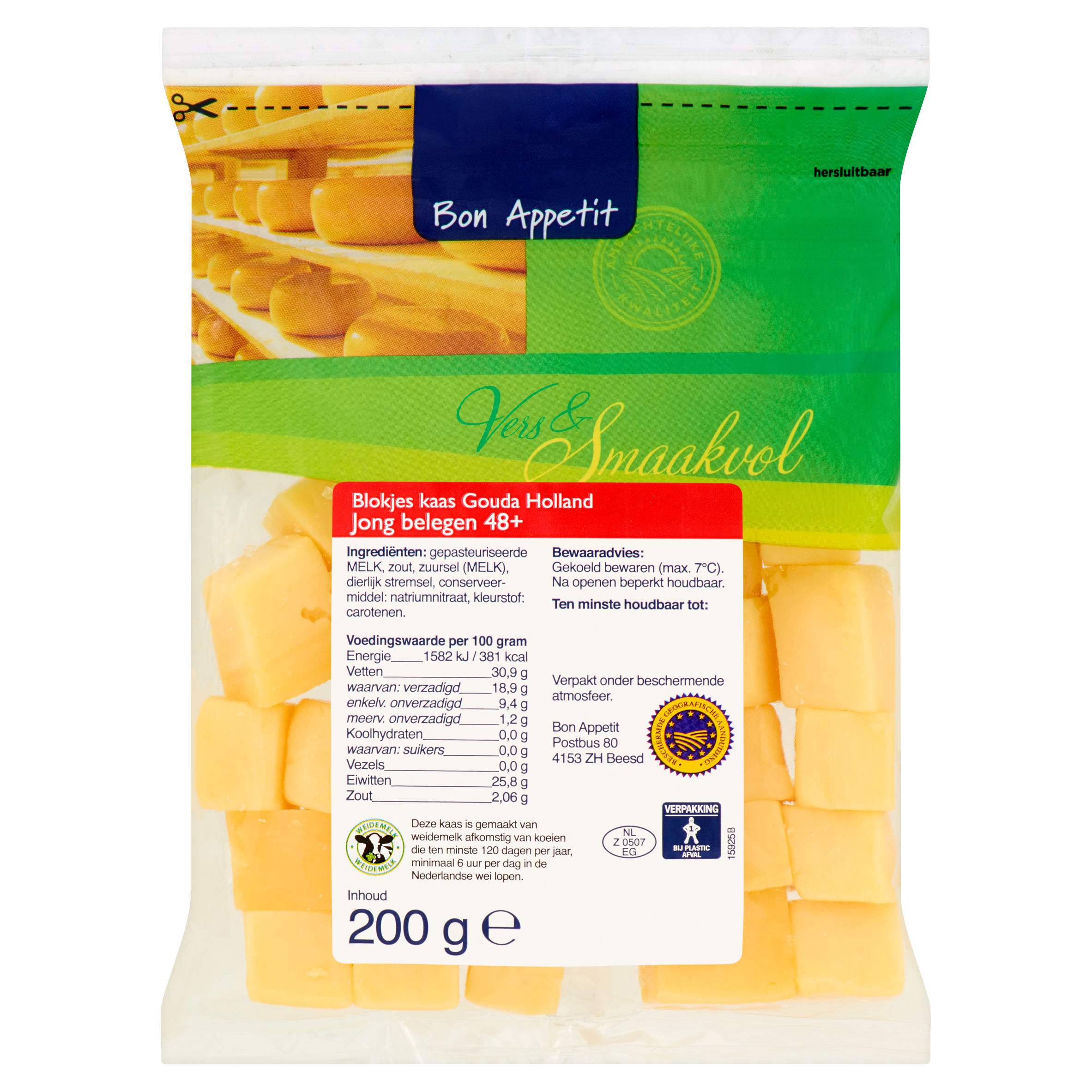 Bon Appetit Blokjes Kaas Gouda Holland Jong Belegen 48+ 200 g
