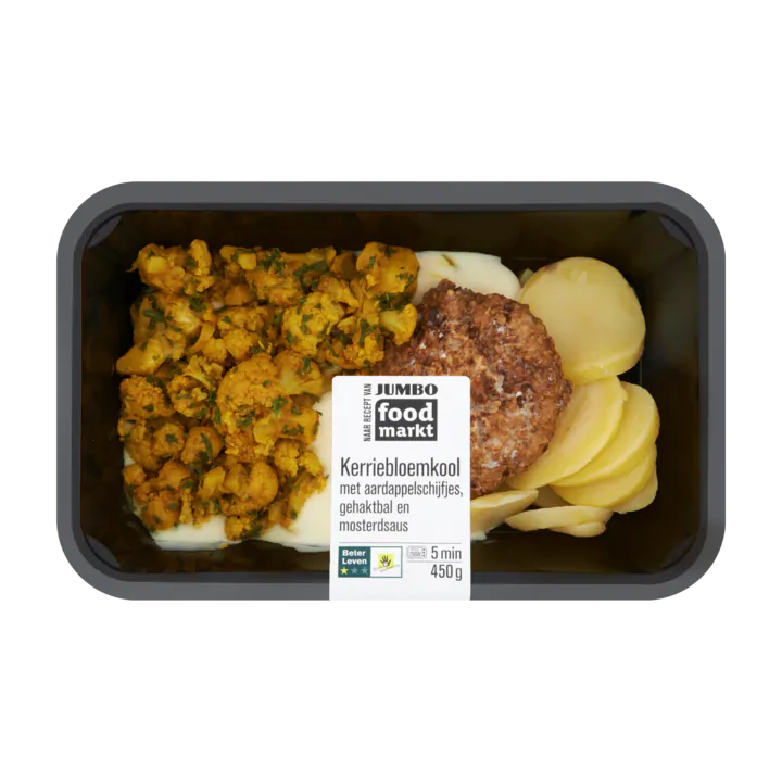 Huismerk Foodmarkt Kerriebloemkool met Aardappelschijfjes, Gehaktbal en Mosterdsaus