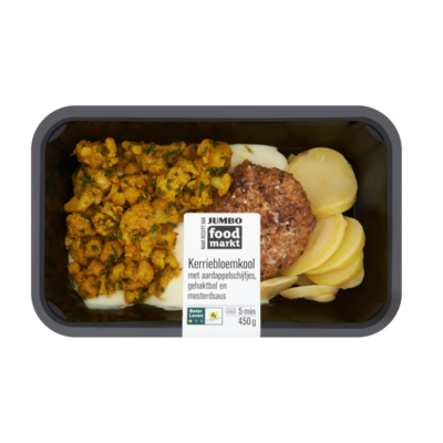 Huismerk Foodmarkt Kerriebloemkool met Aardappelschijfjes, Gehaktbal en Mosterdsaus