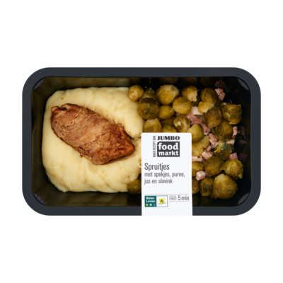 Huismerk Foodmarkt Spruitjes met Spekjes, Puree, Jus en Slavink