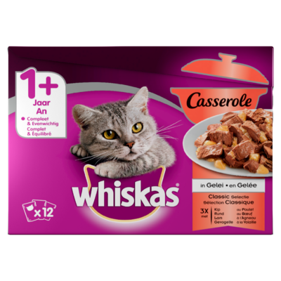 Whiskas Kattenvoer Nat Casserole Classic Selectie in Gelei 1+ Jaar 12 Maaltijdzakjes x 85 g