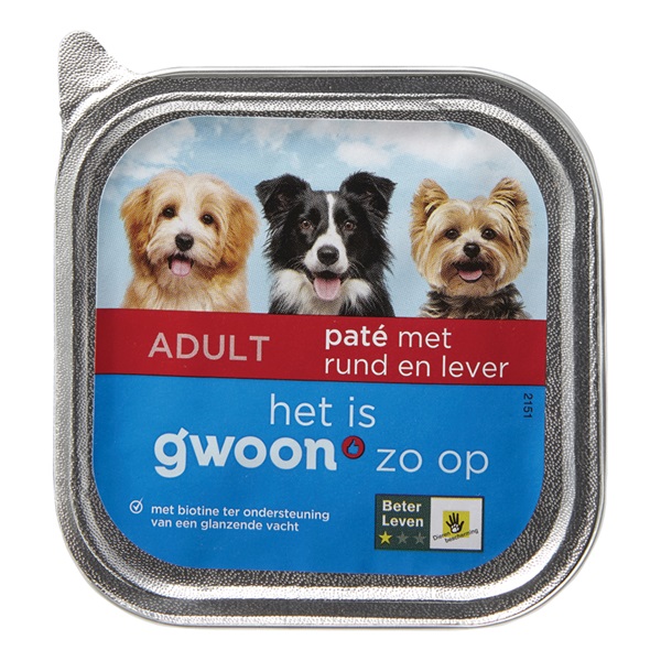 Huismerk hondenvoer paté rund en lever