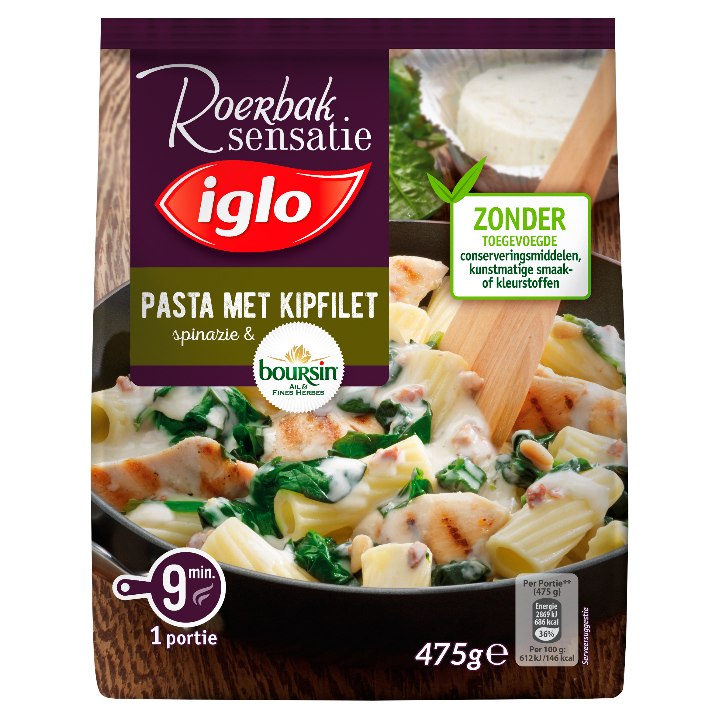 Iglo Roerbaksensatie Pasta met Spinazie, Kipfilet & Boursin 450 g