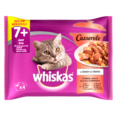 Whiskas Kattenvoer Nat Casserole Classic Selectie in Gelei Senior 7+ Jaar 4 Maaltijdzakjes x 85 g