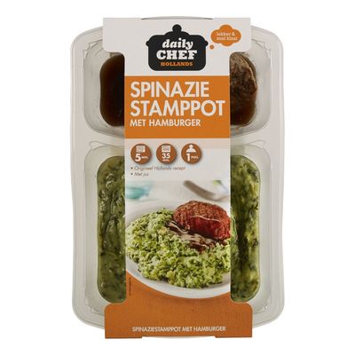 Huismerk Spinazie Stamppot Met Hamburger & Mosterdjus