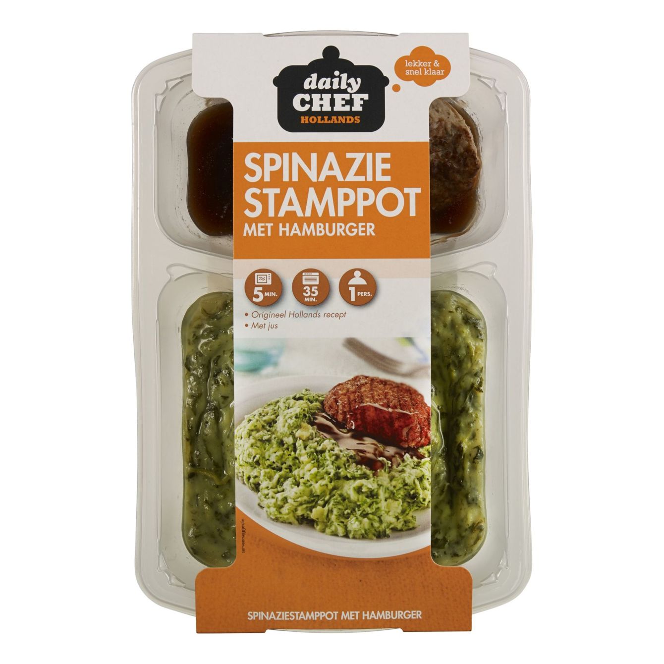 Huismerk Spinazie Stamppot Met Hamburger & Mosterdjus
