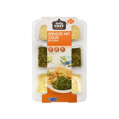 Huismerk Spinazie Met Zalm En Puree