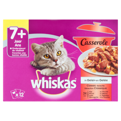 Whiskas Kattenvoer Nat Casserole Classic Selectie in Gelei Senior 7+ Jaar 12 Maaltijdzakjes x 85 g