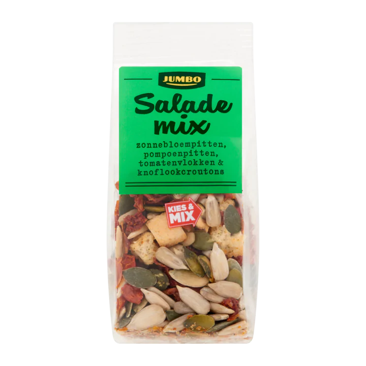 Huismerk Salademix Zonnebloem-& Pompoenpitten, Tomatenvlokken & Knoflookcroutons