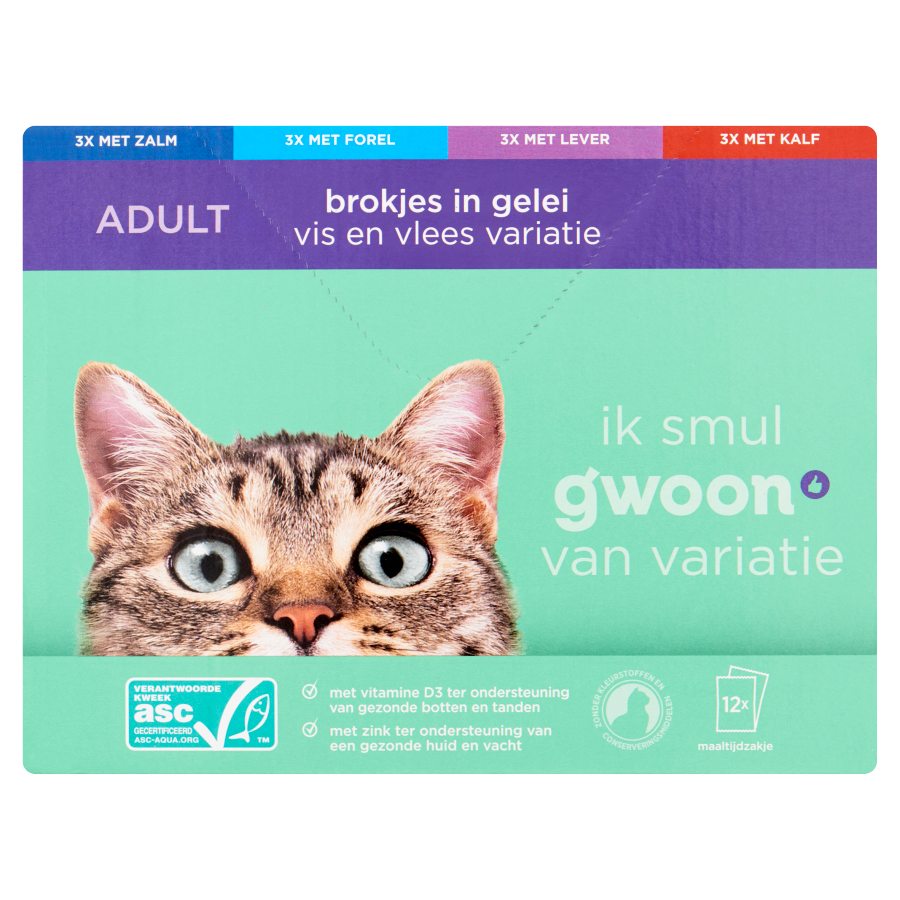 Huismerk Kattenvoeding Adult Brokjes in Gelei Vlees en Vis Variatie 12 Stuks