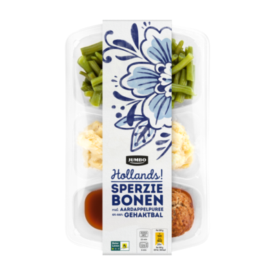 Huismerk Sperziebonen met Aardappelpuree en een Gehaktbal