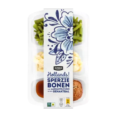Huismerk Sperziebonen met Aardappelpuree en een Gehaktbal
