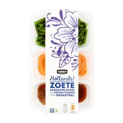 Huismerk Zoete Aardappelpuree met Erwten & Bonen en een Gehaktbal