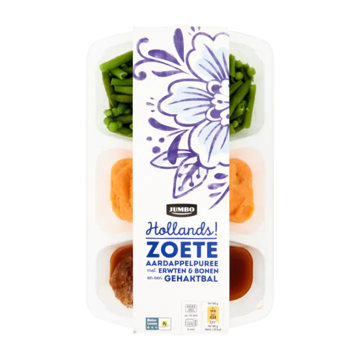 Huismerk Zoete Aardappelpuree met Erwten & Bonen en een Gehaktbal