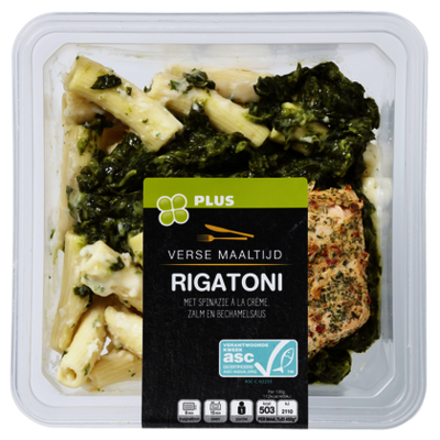 Huismerk Rigatone bechamel met spinazie en zalm