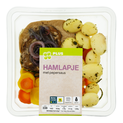Huismerk Hamlapje met pepersaus, wortel en aard
