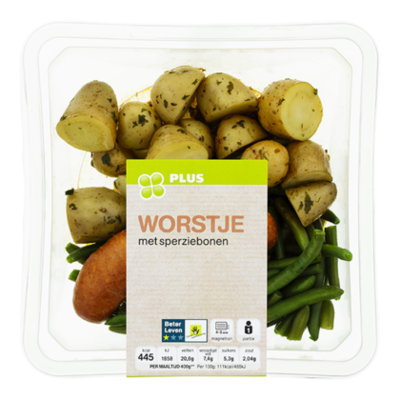 Huismerk Worstje met sperziebonen en rode pesto