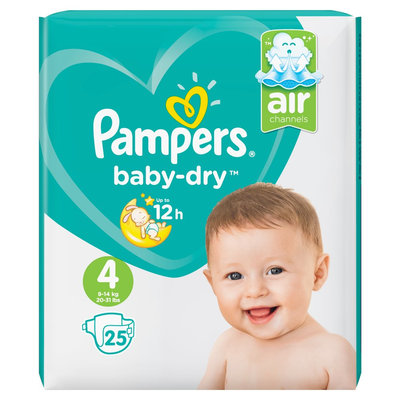 Pampers Baby-Dry Maat 4, 25 Luiers, Voor Droge Ademende Huid