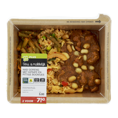 Huismerk Nasi goreng, kipsaté, pittige boon