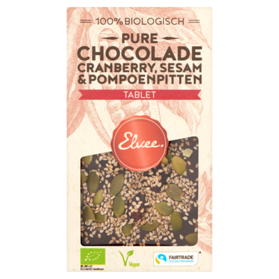 Elvee Pure Chocolade Cranberry, Sesam & Pompoenpitten Tablet 85 g