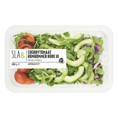 Huismerk Sla& cherrytomaat komkommer rode ui
