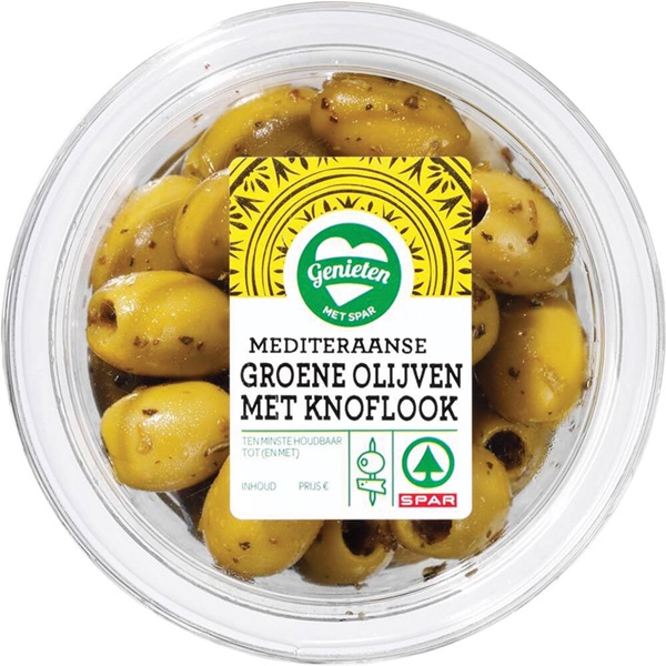 Huismerk tapas groene knoflook olijven