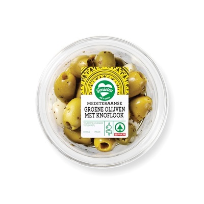 Huismerk tapas groene knoflook olijven